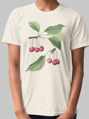 Wild Cherry Vintage Botanical Print Short Sleeve Graphic Tee T-shirt S-XXL